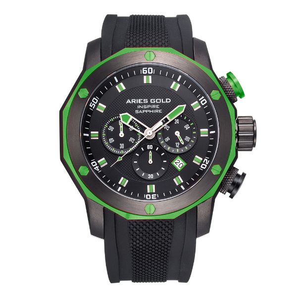 ARIES GOLD CHRONOGRAPH VENTURER GREEN STAINLESS STEEL G-7012Z-BK-GN BLACK SILICONE STRAP MEN'S WATCH